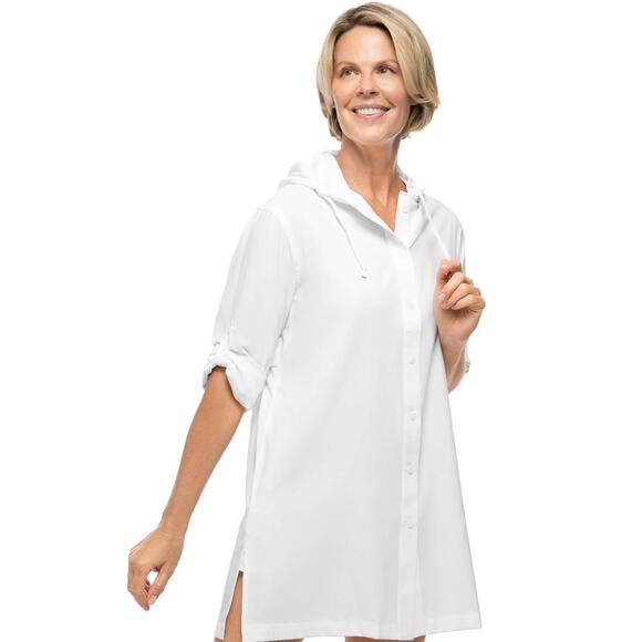 Coolibar Iztapa L White Hooded Lightweight Button Shirt UPF 50+ Sun Protection - Picture 1 of 14